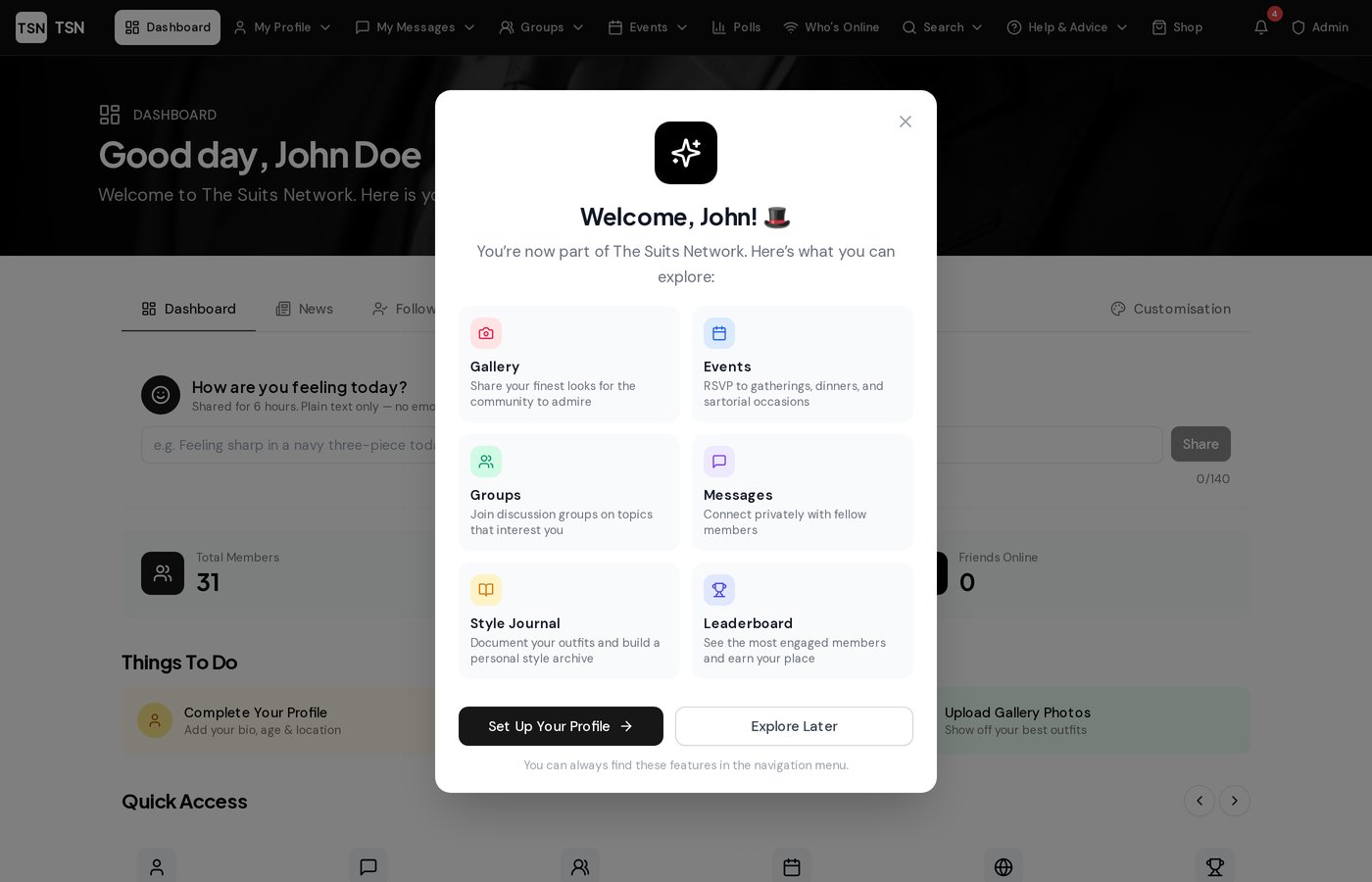 The Suits Network dashboard showing member stats, activity feed, and quick access links