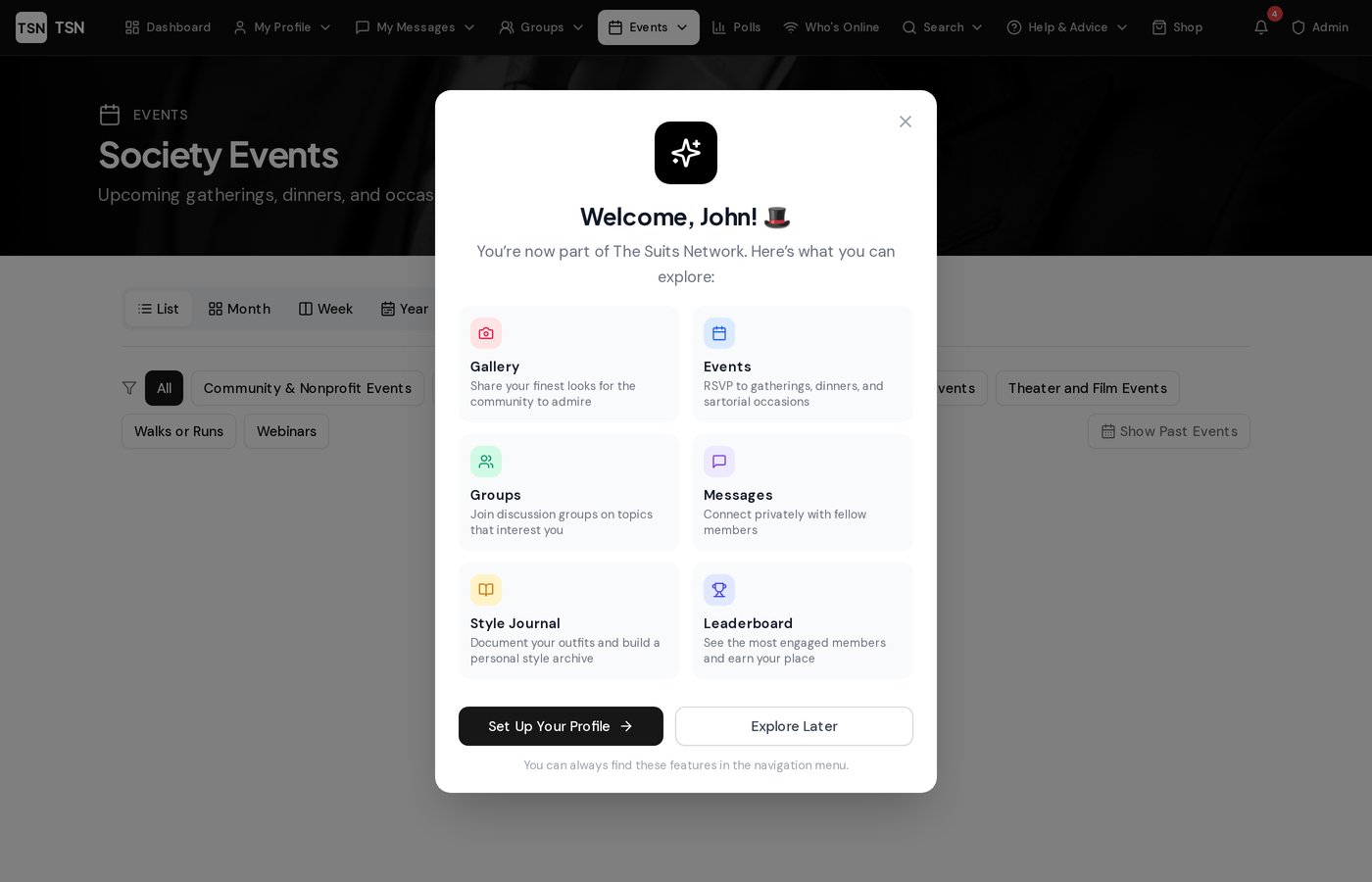 The Suits Network events calendar showing upcoming gatherings and RSVP options
