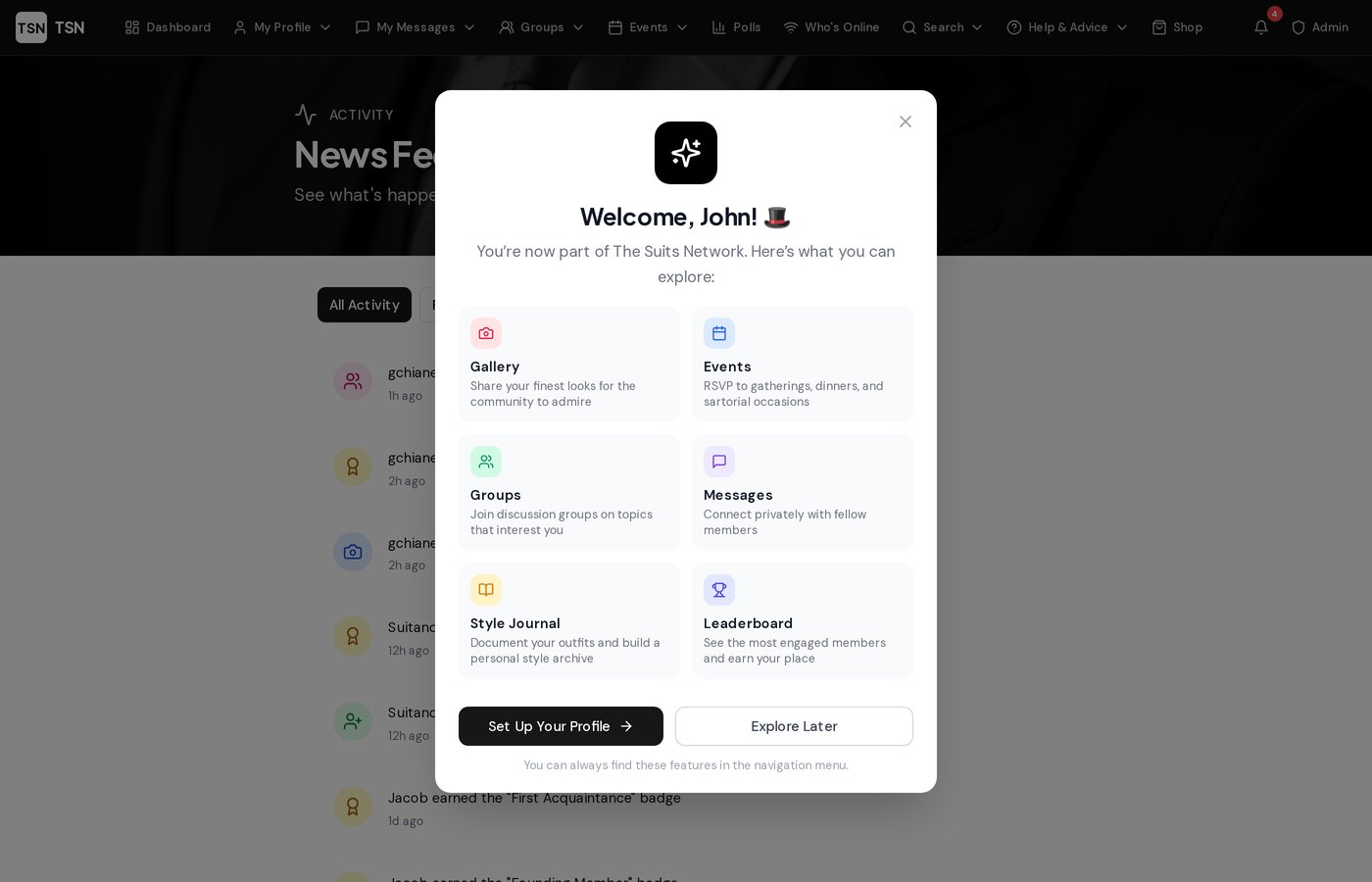 News Feed page screenshot from The Suits Network