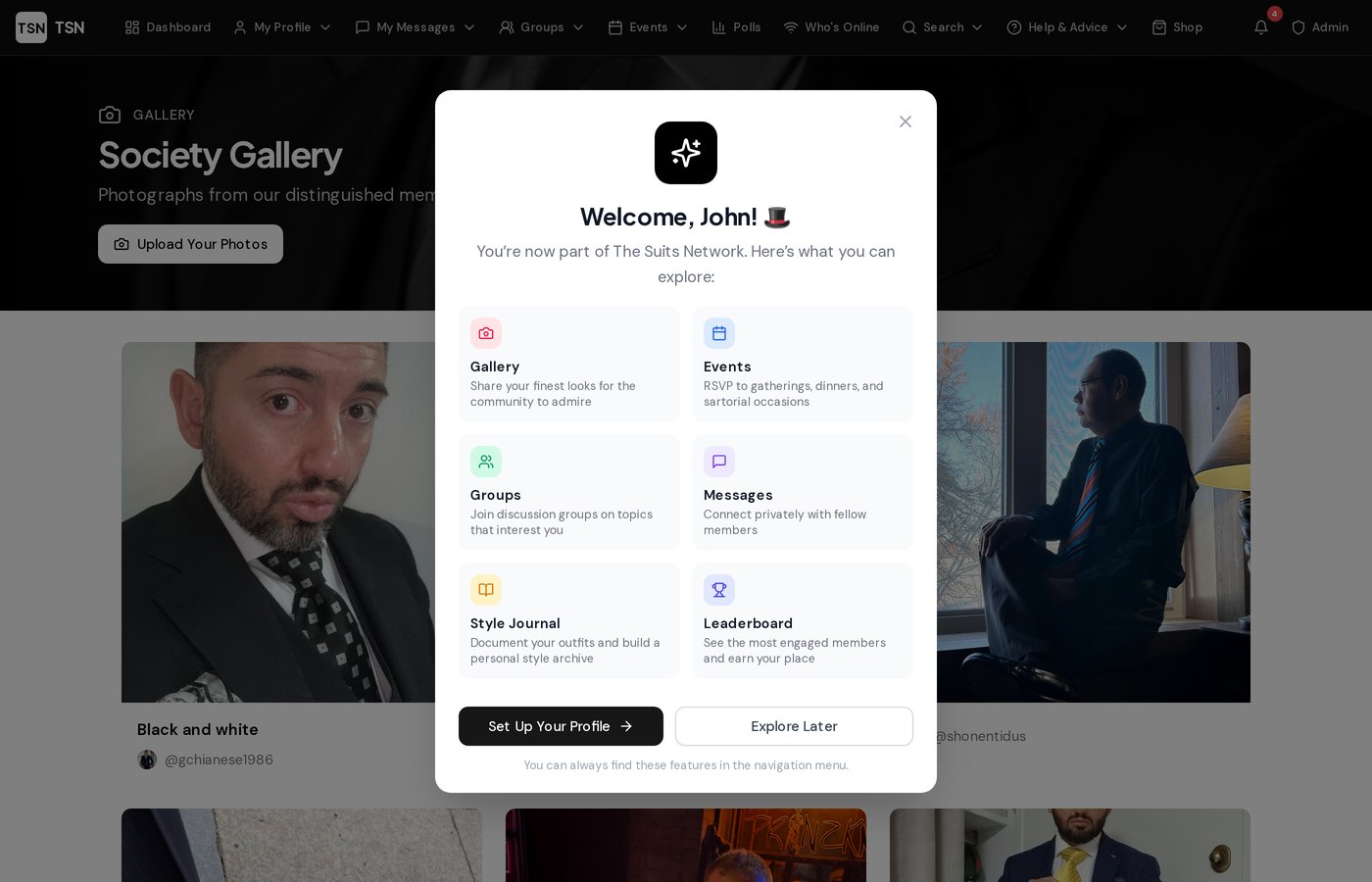 The Suits Network photo gallery with member-submitted photographs and reactions