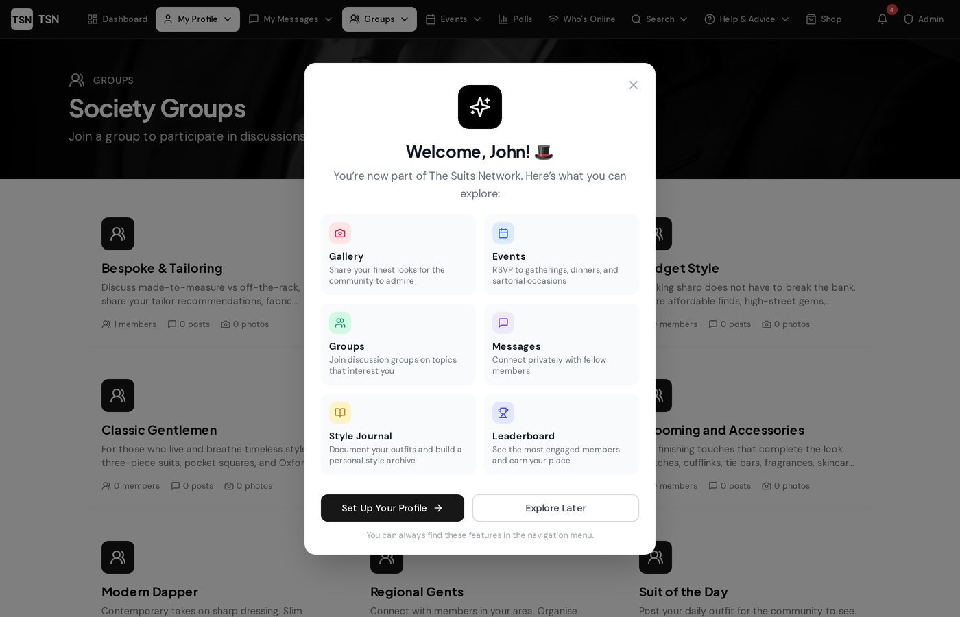 Groups page screenshot from The Suits Network