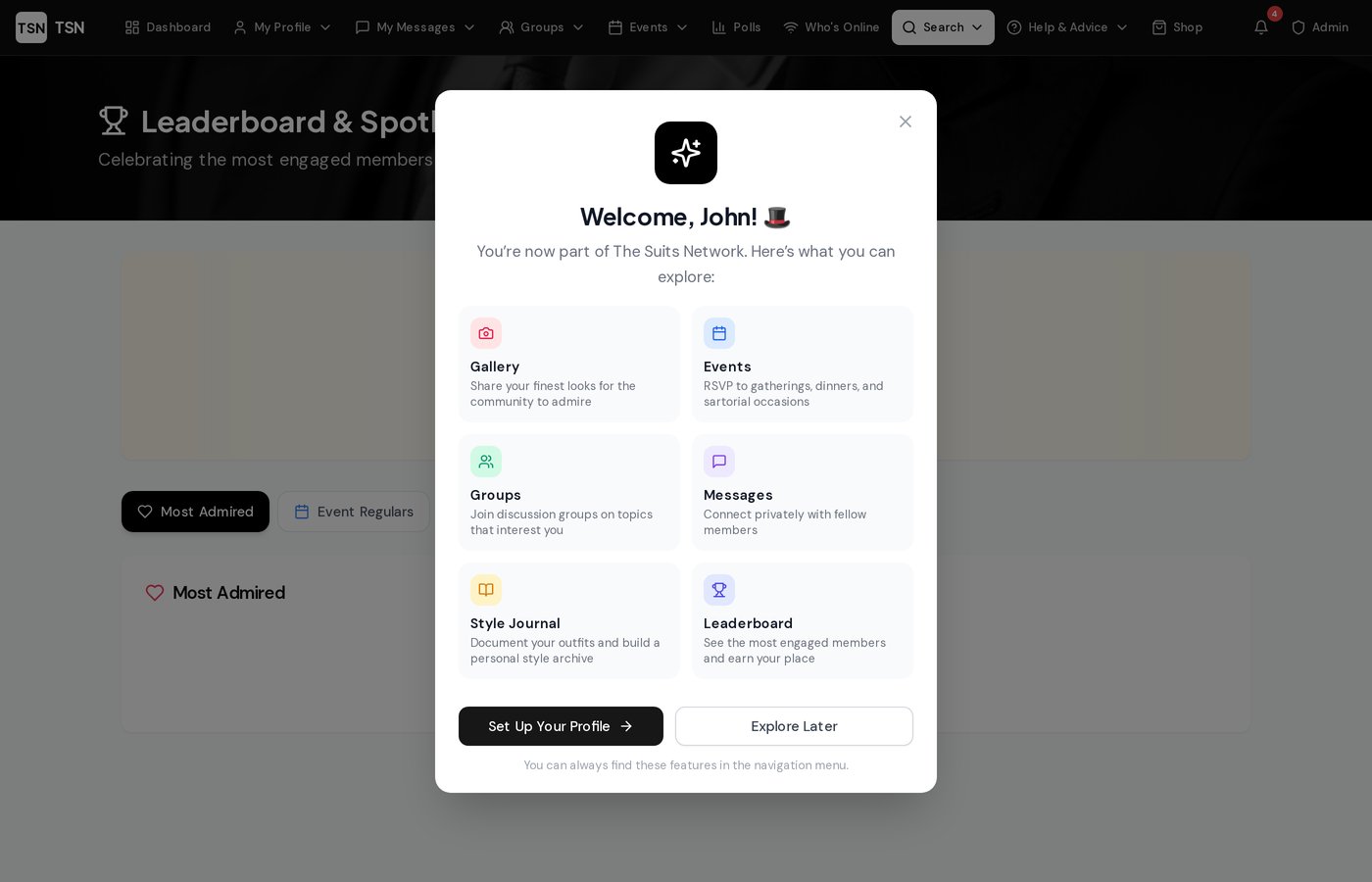 The Suits Network leaderboard showing top members and badge achievements