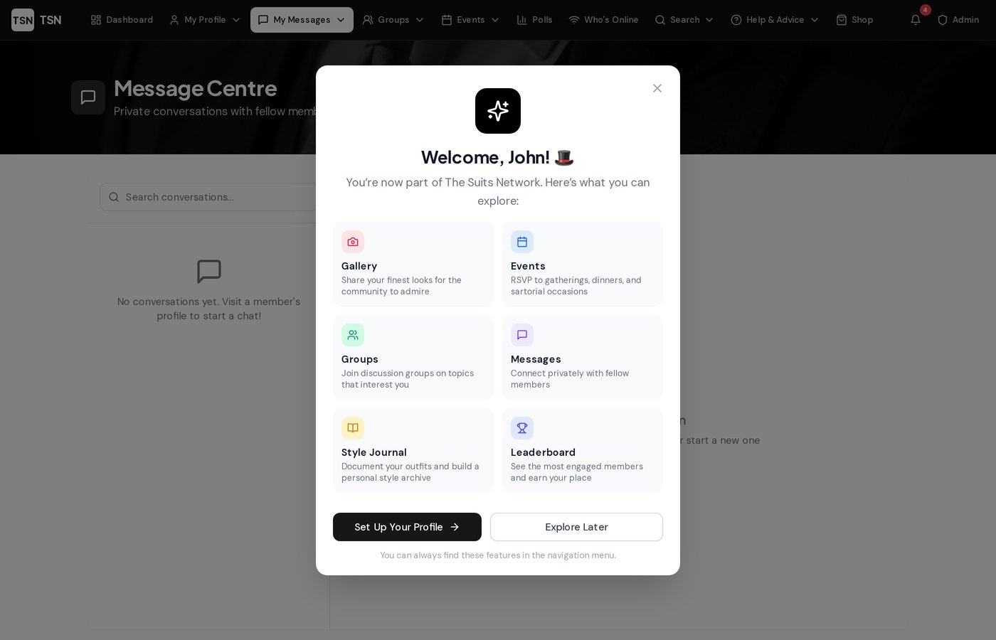 Messaging page screenshot from The Suits Network