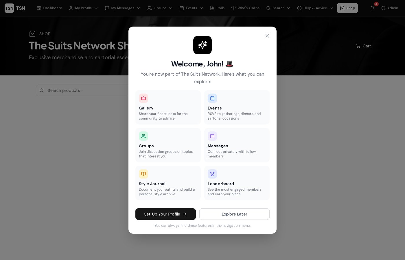 The Suits Network integrated shop with menswear products and filtering