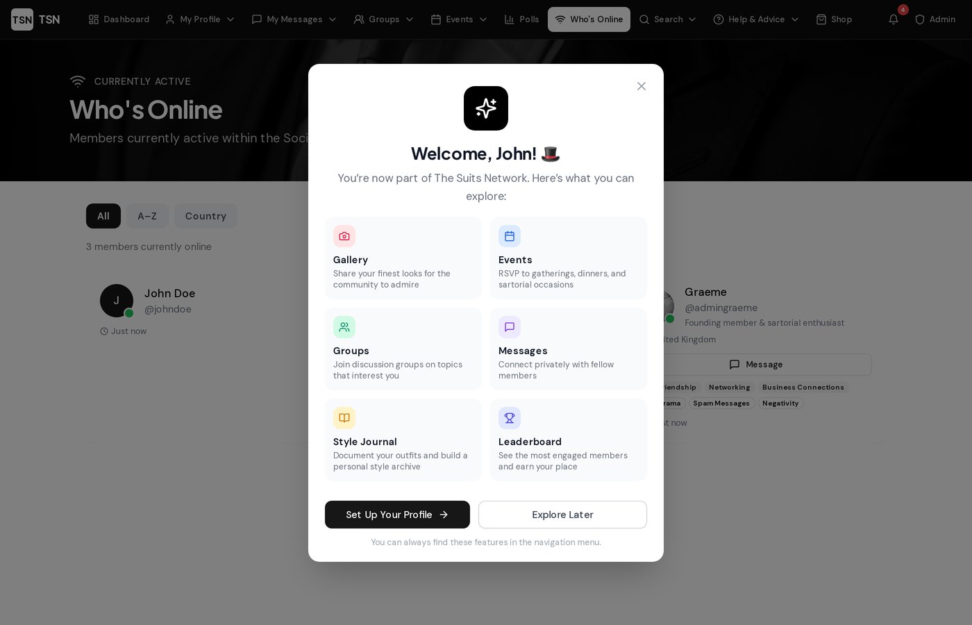 Who's Online page screenshot from The Suits Network